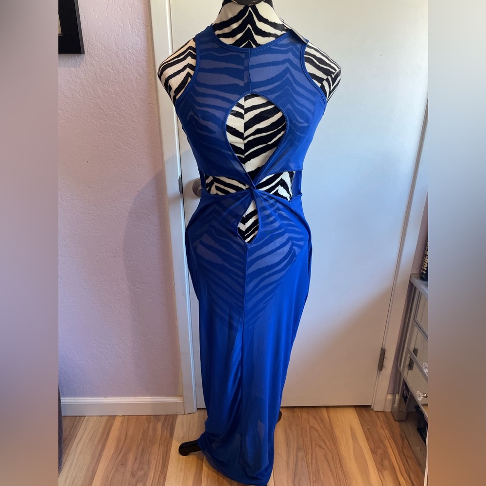 PrettyLittleThing Blue Mesh Cut Out Beach Maxi Dress